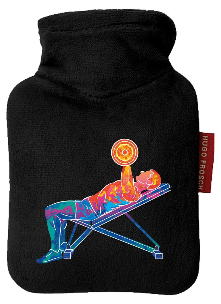 Huuraa Mini-Wärmflasche Fitness Training Bench Press bunte Silhouette 0,2 Liter Black Mini Veloursbezug Taschenwärmer Geschenkidee