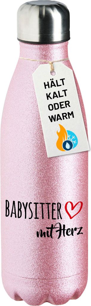 Huuraa Trinkflasche Babysitter mit Herz 500ml Pink Edelstahl Wasserflasche Trinkflasche Geschenkidee