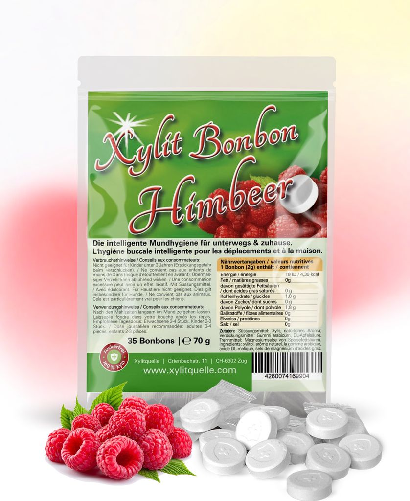 Xylit Birkenzucker Bonbons HIMBEER | 100% mit Xylit gesüsst | 70g Inhalt | 35 Bonbons einzeln verpackt | mit natürlichem Aroma | zahnfreundlich