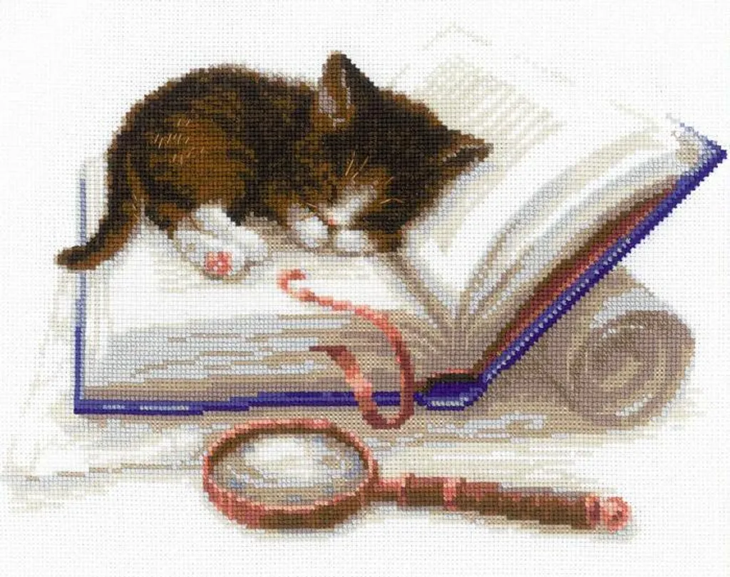 Kit broderie fil Chaton sur un livre - Broderie décorative DIY 20x20cm
