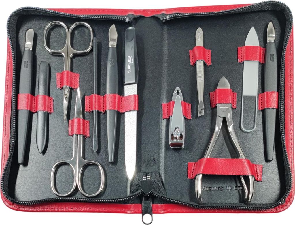 12teiliges Solingen* Maniküre Set mit Leder-Etui Nagelpflege, Rot Glatt