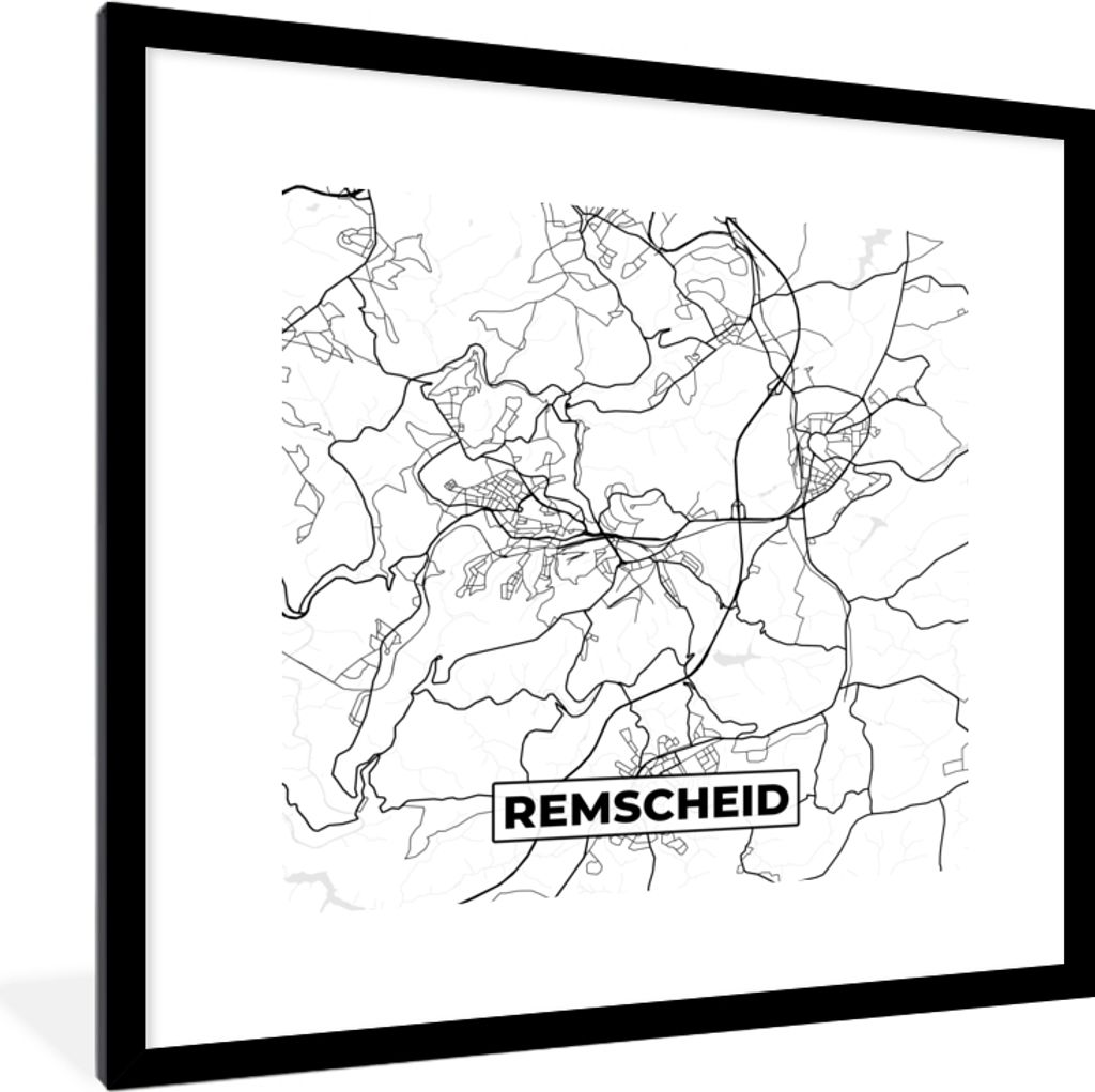 MuchoWow Gerahmtes Poster Remscheid - Karte - Stadtplan 40x40 cm - Poster mit Schwarzem Bilderrahmen Wandposter Rahmen Foto Bilder - Poster - Pla...