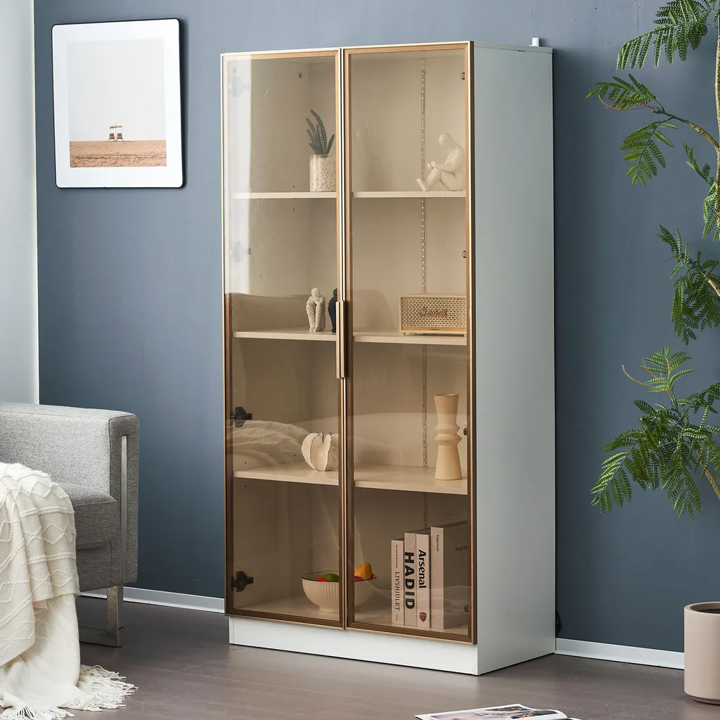Meuble Vitrine Haut avec Éclairage LED 16 Couleurs, Style Moderne