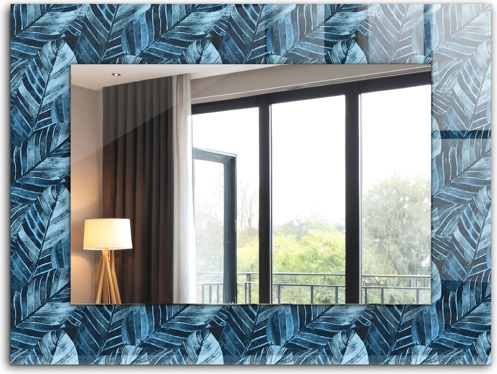 Dekorativer Wandspiegel - Bedruckter Spiegel - Motiv - 80x60 cm - Blaues Blattmuster