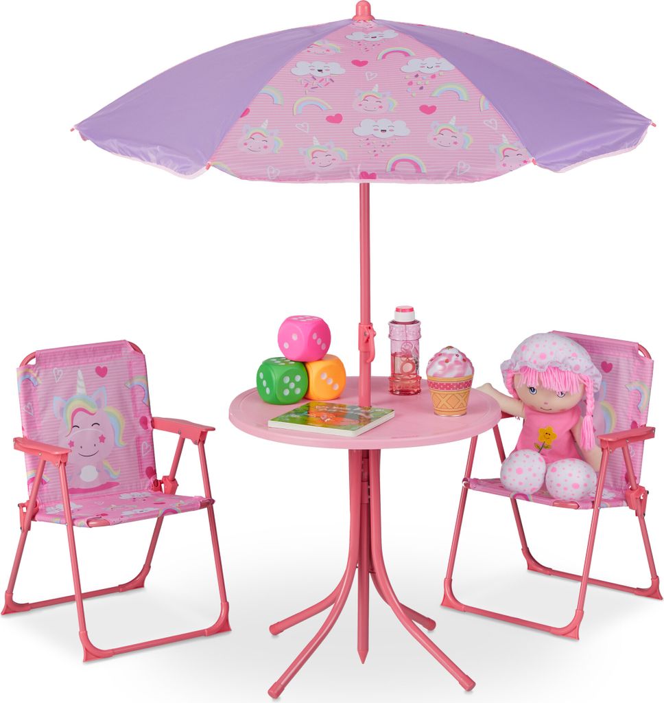 Relaxdays Camping Kindersitzgruppe, Einhorn Motiv, Kindersitzgarnitur mit Schirm, Klappstühlen & Tisch, Garten, pink