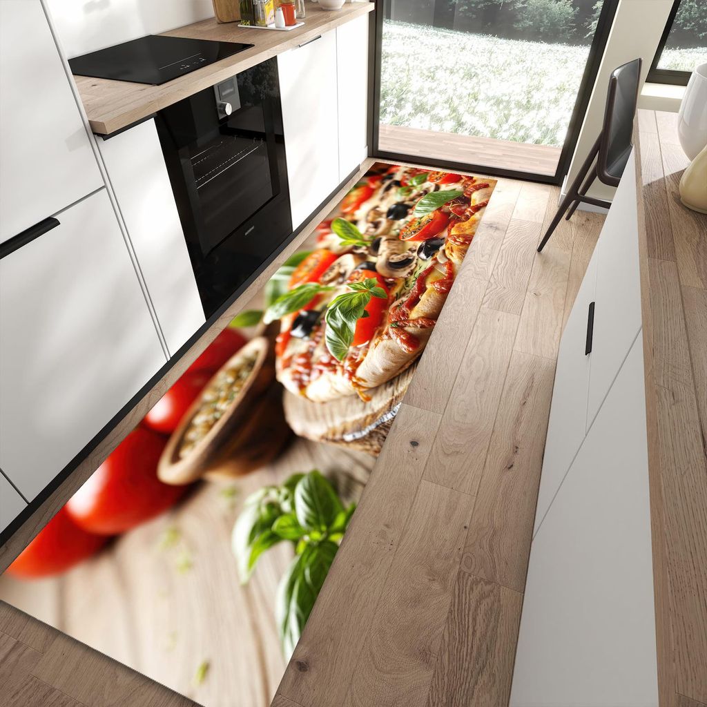 Küchenteppich 80x300cm rutschfest & abwischbar PVC Läufer - Pizza im Holzofen