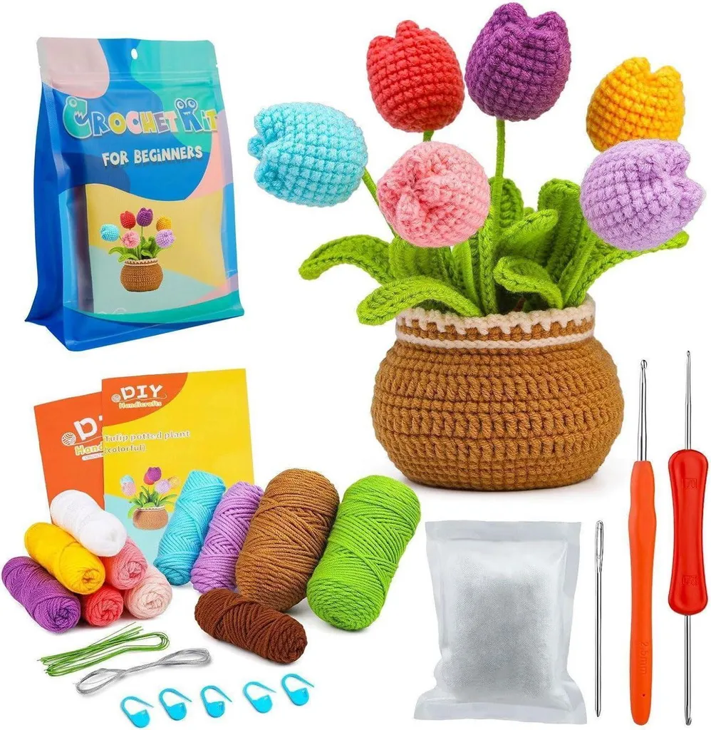 Coffret DIY Crochet Fleurs Tulipes Déco Intérieure Kit Complet Débutant