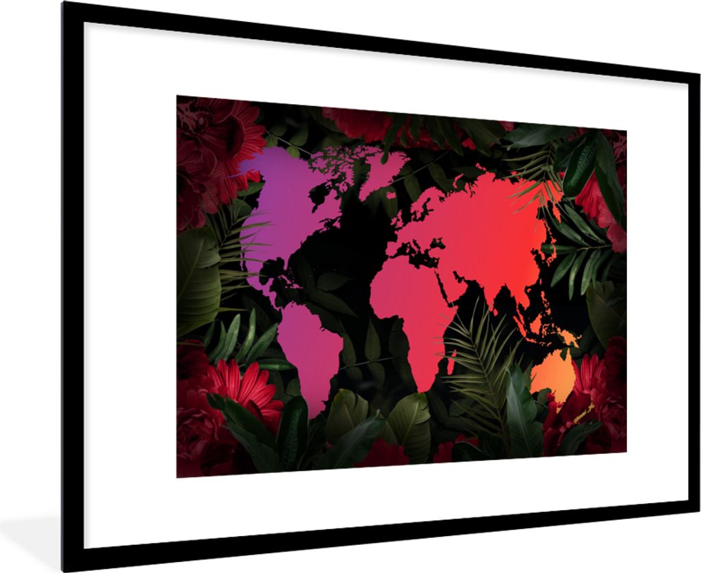 MuchoWow MuchoWow Gerahmtes Poster Weltkarte - Farben - Dschungel 90x60 cm - Poster mit zchwarzem Bilderrahmen - Wanddekoration - Fotos