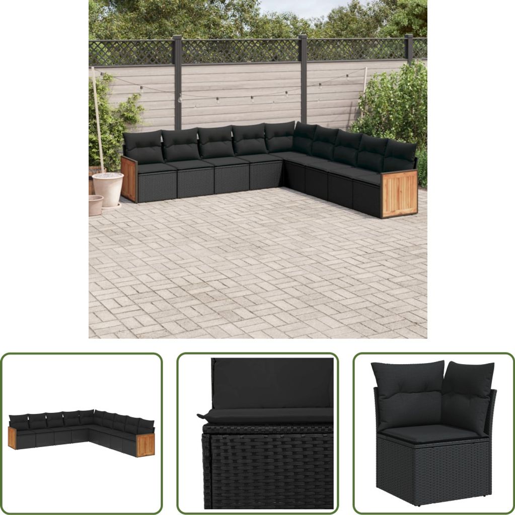The Living Store 9-tlg. Garten-Sofagarnitur mit Kissen Schwarz Poly Rattan