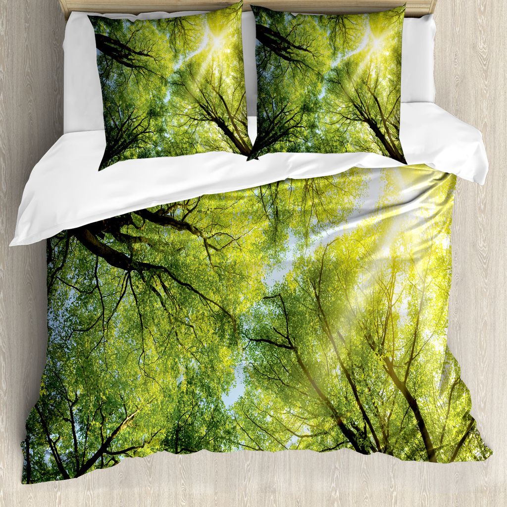 ABAKUHAUS Frühling Bettbezugs Set Für Doppelbetten, Romantische Buche Bäume, Milbensicher Allergiker geeignet mit Kissenbezügen, Grün Gelb