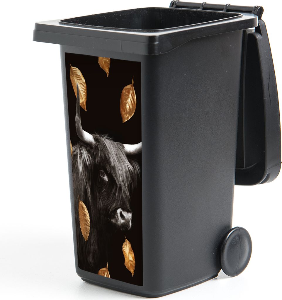 MuchoWow Mülltonnenaufkleber Schottischer Highlander - Blätter - Gold - Schwarz 44x98 cm - Containeraufkleber - Aufkleber - Mülltonnen-Aufkleber