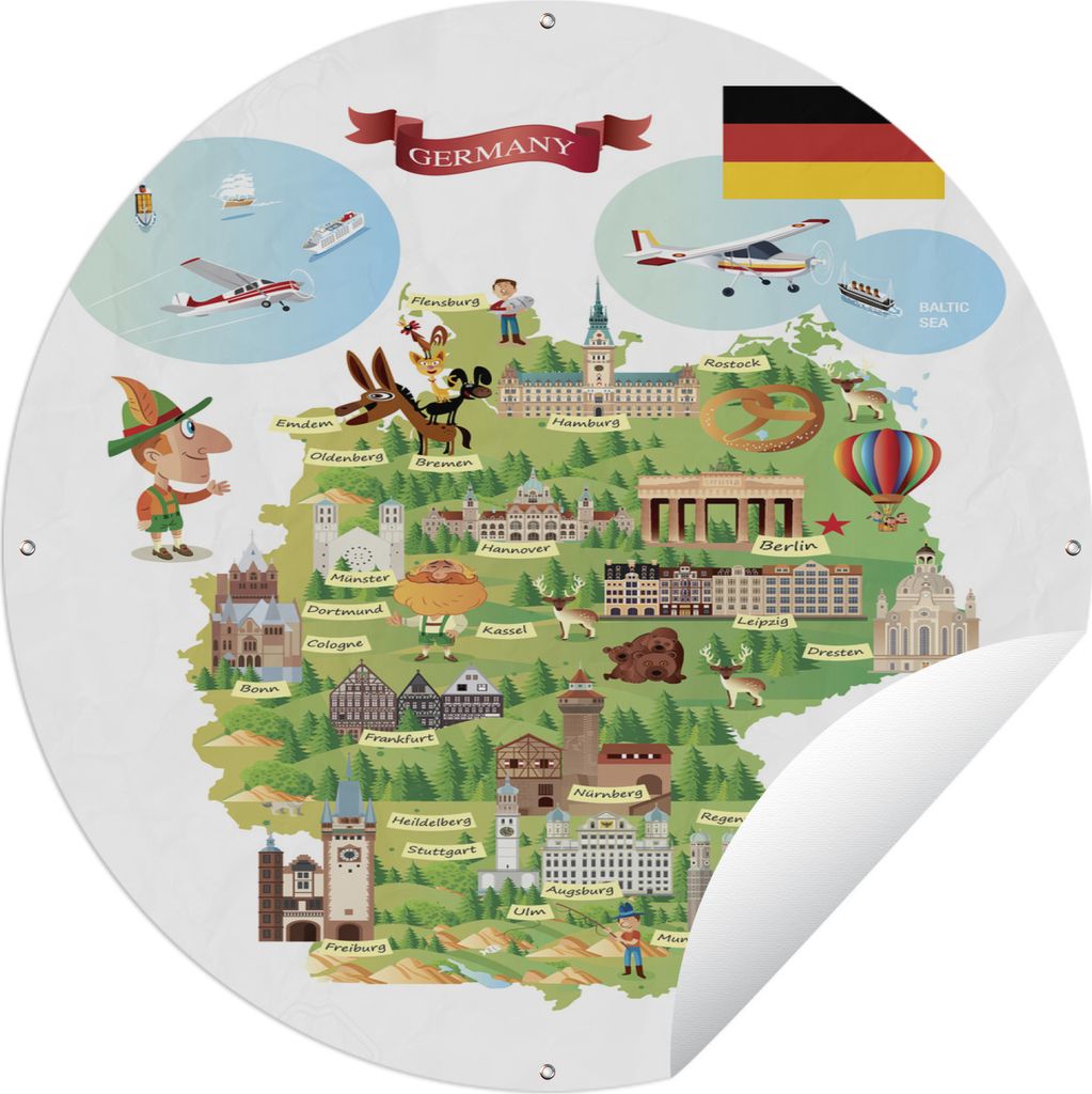 MuchoWow Gartenposter Outdoor-Poster Rund Illustrierte Karte von Deutschland Ø 120 cm Gartendeko Rundes Poster draußen