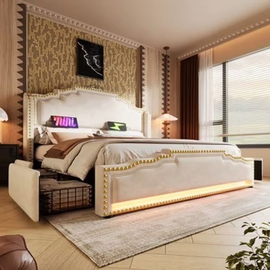 ODIKALO Polsterbett Doppelbett Jugendbett Stauraumbett USB Schubladen 180cm Beige