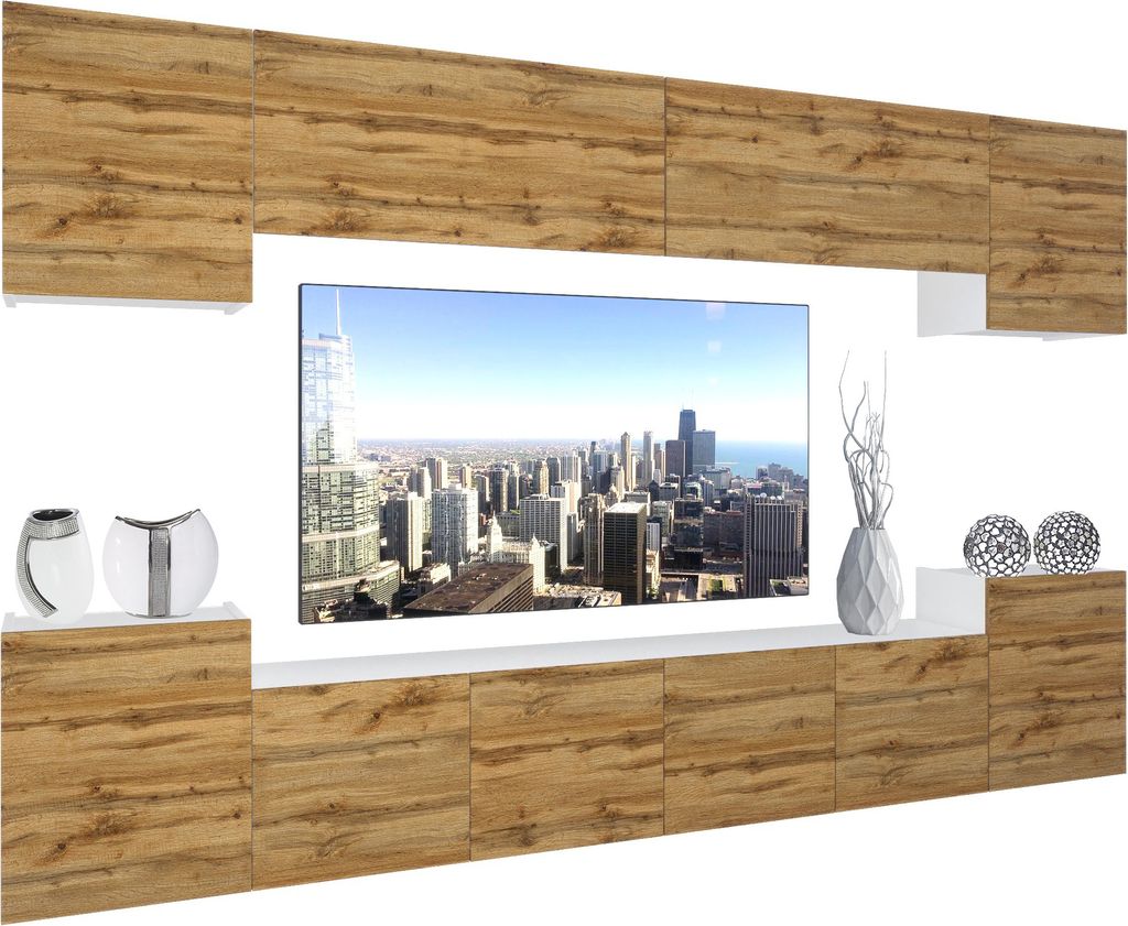BELINI Wohnwand Vollausstattung Wohnzimmer-Set Moderne Schrankwand mit LED-Beleuchtung Weiß Glänzend Anbauwand TV-Schrank Wotan-Eiche Matt