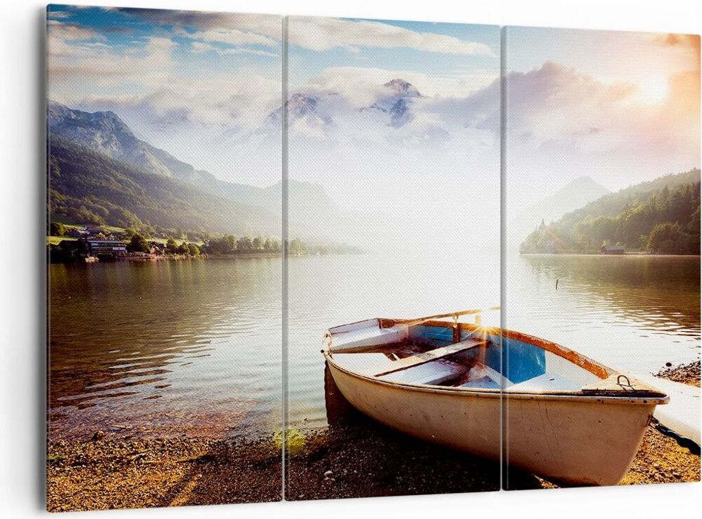 Bild auf Leinwand - Leinwandbild - Berge See Boot - 165x110cm - Wand Bild - Wanddeko - Wandbilder - Leinwanddruck - Bilder - Kunstdruck - Wanddekor...