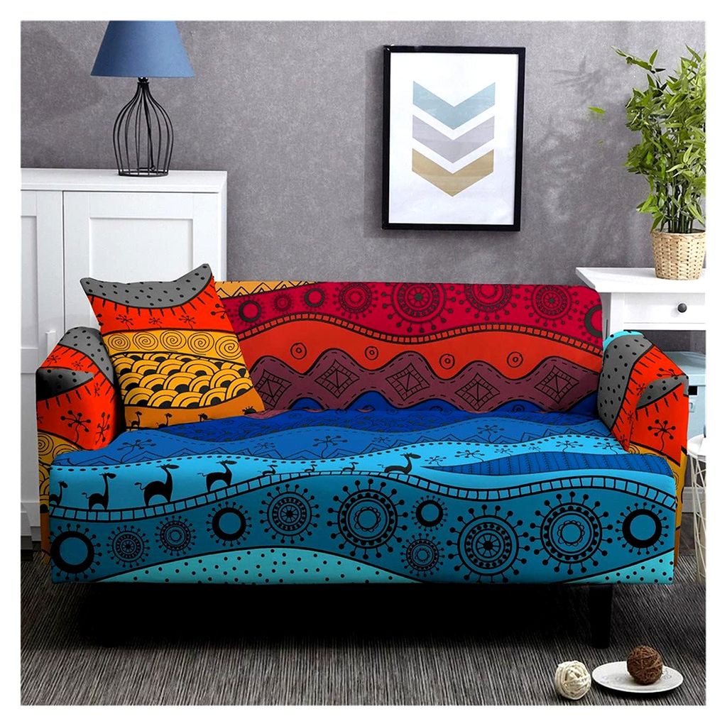 Sofabezug im Bohemian-Afrikanischen Ethnostil, dekorativer Stretch-Polyester, rutschfester Antifouling-Sofabezug für 1/2/3/4 Sitze (Farbe 5, 2 Sit...