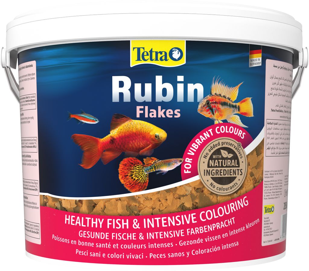 A bucket of fish food with images of fish on the label.