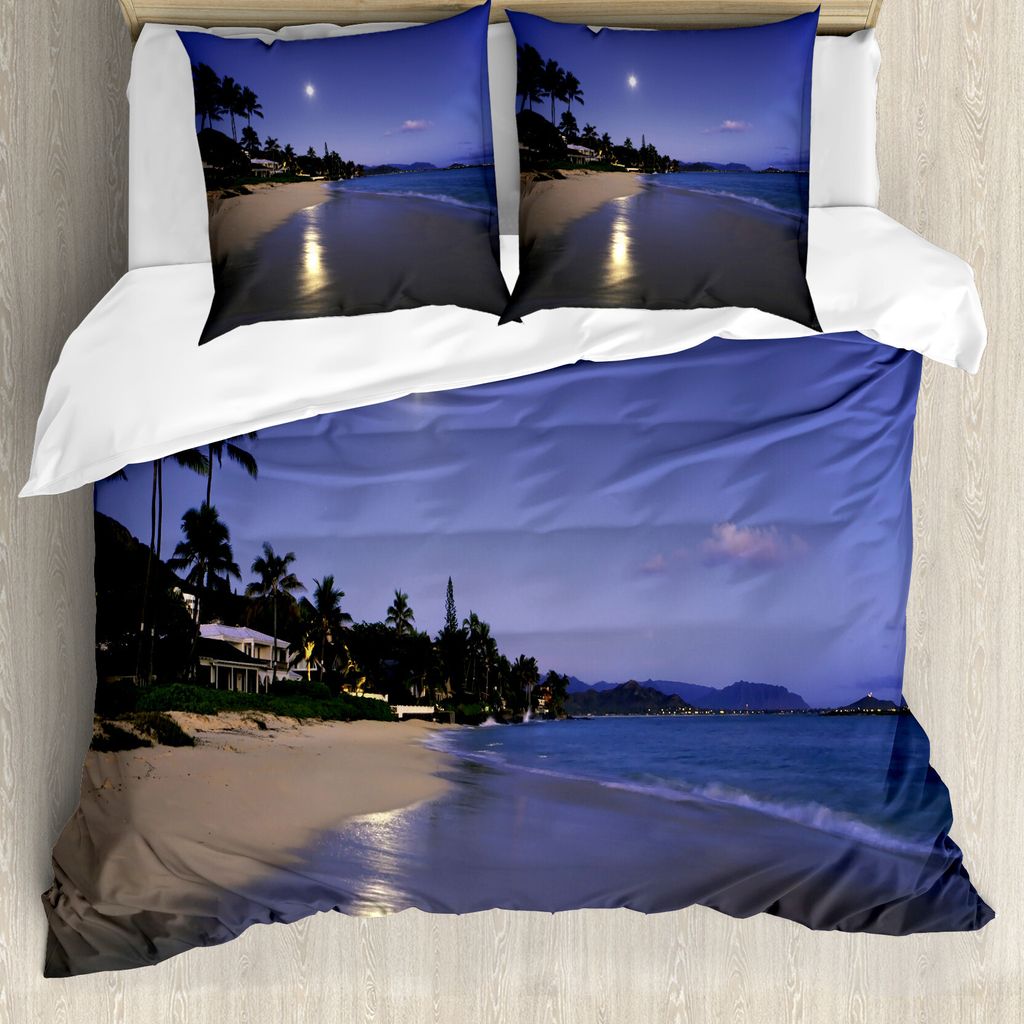 ABAKUHAUS hawaiisch Bettbezug, Moonlight Hawaii Sea, Milbensicher Allergiker geeignet mit Kissenbezügen, 155 cm x 220 cm - 80 x 80 cm, Navy Sand