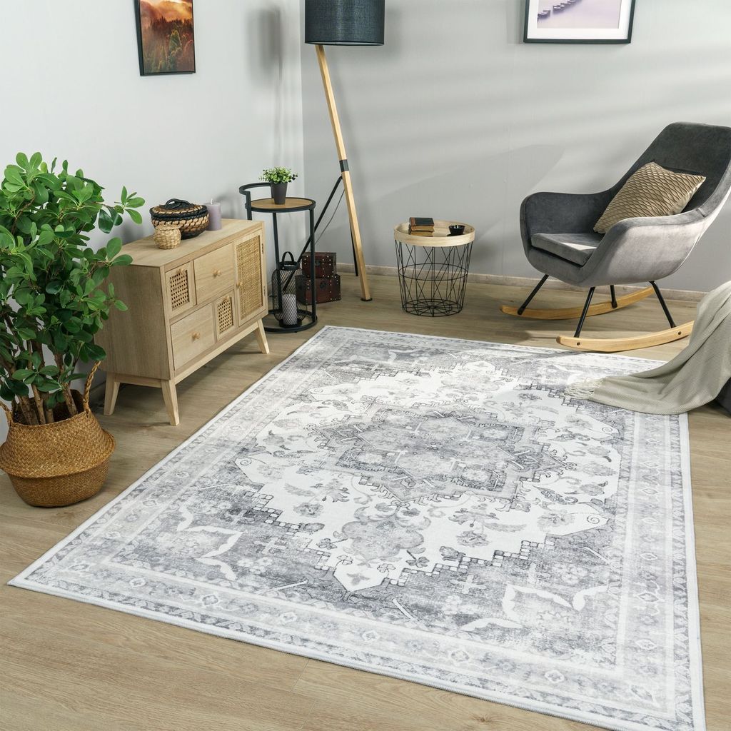 TT Home Wohnzimmer Teppich Kurzflor Wohnzimmerteppich Used Look Ornamente Marokkanisch Größe 80x150 cm