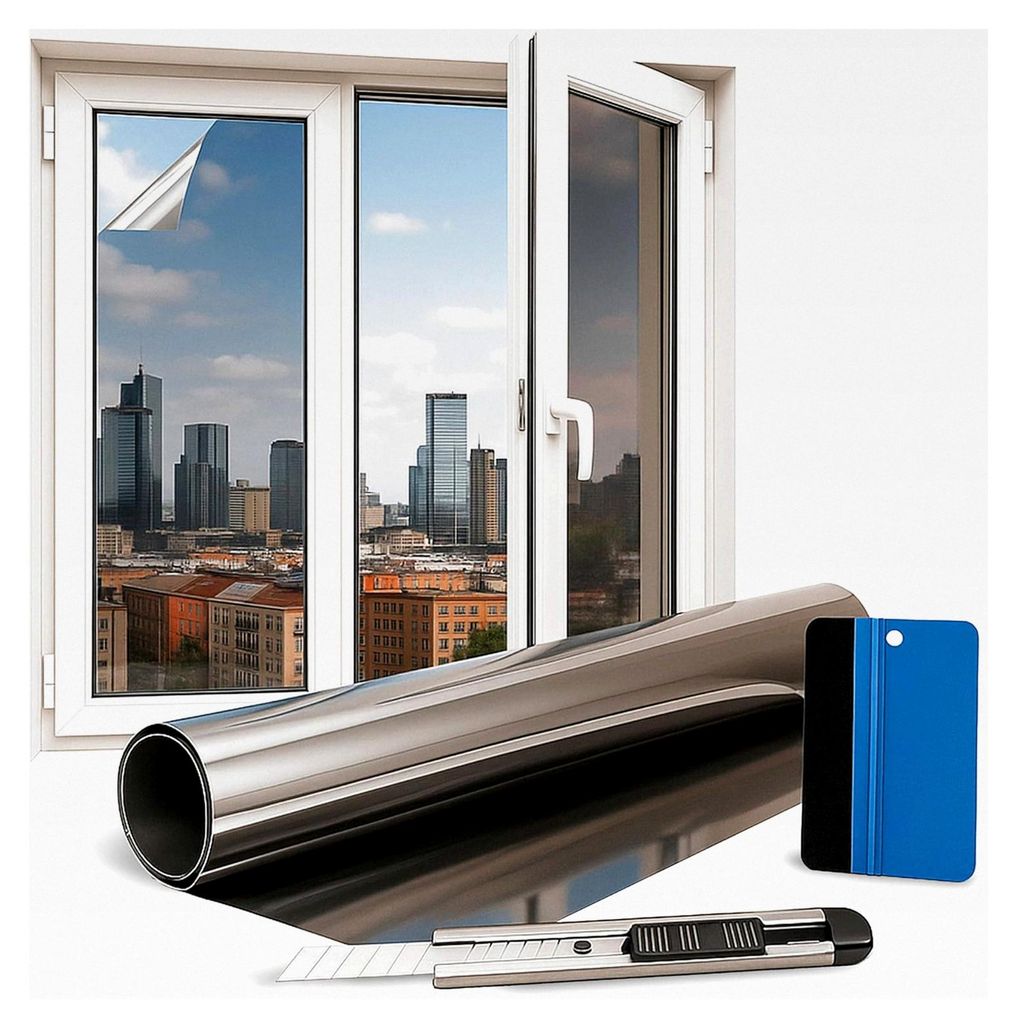 Fensterfolie Sonnenschutz - 100x152cm - 90% Silberverspiegelung - Hitzeschutzfolie für Fenster - inkl. Rakel und Folienmesser