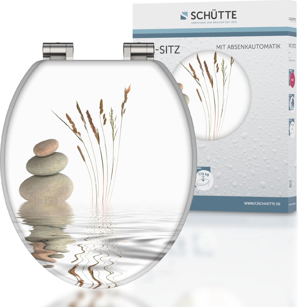 A toilet seat with a nature-themed design is shown next to its packaging.