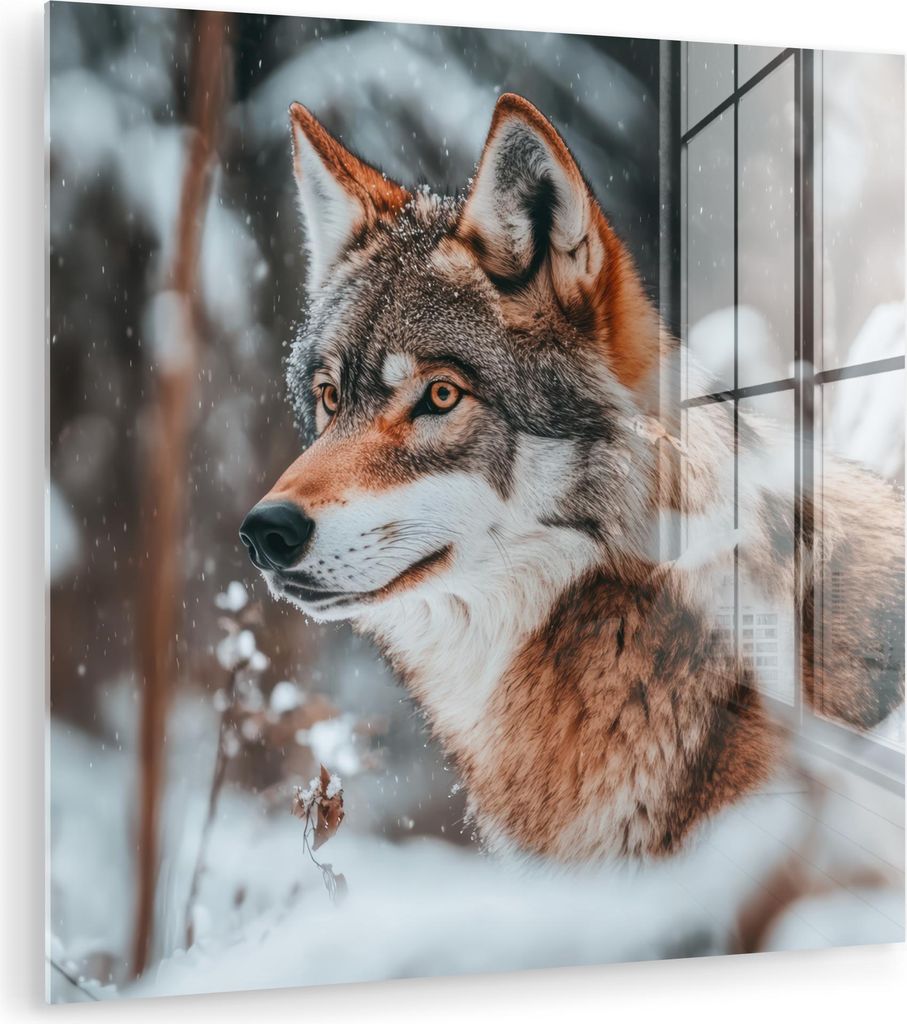 MuchoWow Glasbilder - Bilder auf Wandbild - Foto auf Glas Wolf - Schnee - Winter - Tiere - Natur - Schnee 90x90 cm Wanddekoration aus Glas - Acrylg...