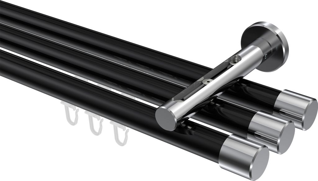 Interdeco Innenlaufstange / Gardinenstange mit Innenlauf Schwarz / Chrom, Typ Siteno Santo (Kappe), 20 mm Ø 3-läufig, 220 cm