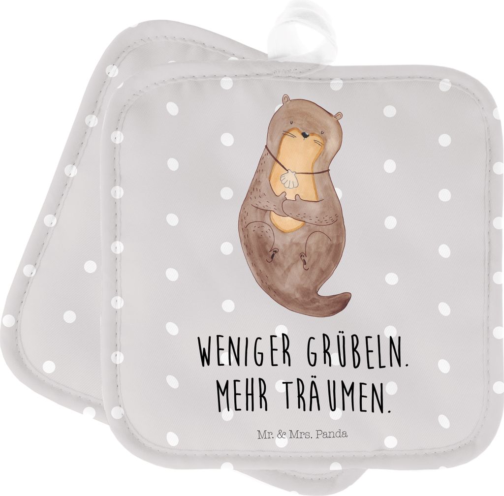 Mr. & Mrs. Panda Topfuntersetzer Otter Muschel - Grau Pastell - Geschenk, Tagträumen, Topflappen Set, Ofenlappen, 2er, Medaillon, Optimistisch, to...