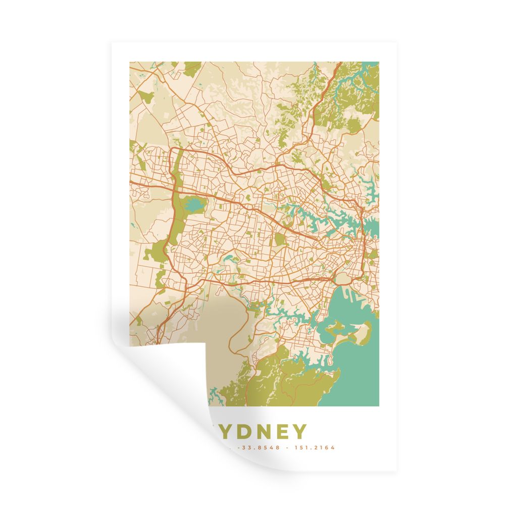 MuchoWow Wandtattoo Wandsticker Wandaufkleber Sydney - Karte - Vintage - Stadtplan 80x120 cm Selbstklebend und Repositionierbar - Repositionierba...