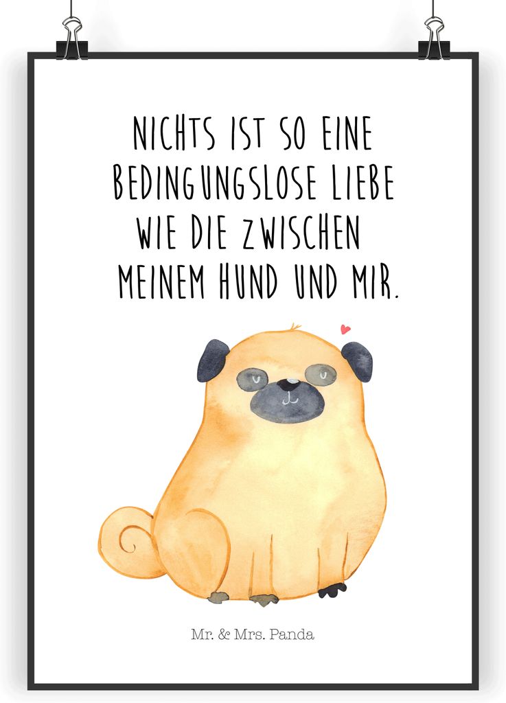 Mr. & Mrs. Panda Bild Mops DIN A5 - Weiß - Geschenk, Pure Liebe, Wandbild, Knuffig, Kunstdruck, Sprüche, wanddeko, Hund, drucke