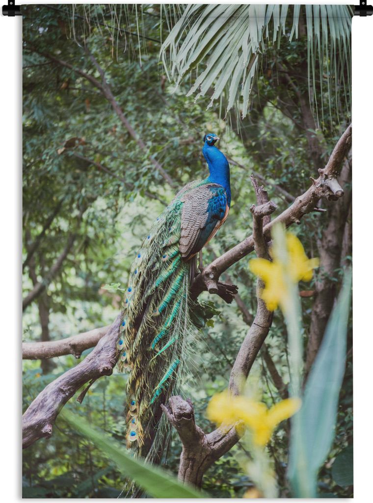 MuchoWow Wandteppich Wandbehang Pfau - Blau - Wald 90x135 cm Tapisserie Dekoration Wandtuch - Baumwolle - Wandskulptur