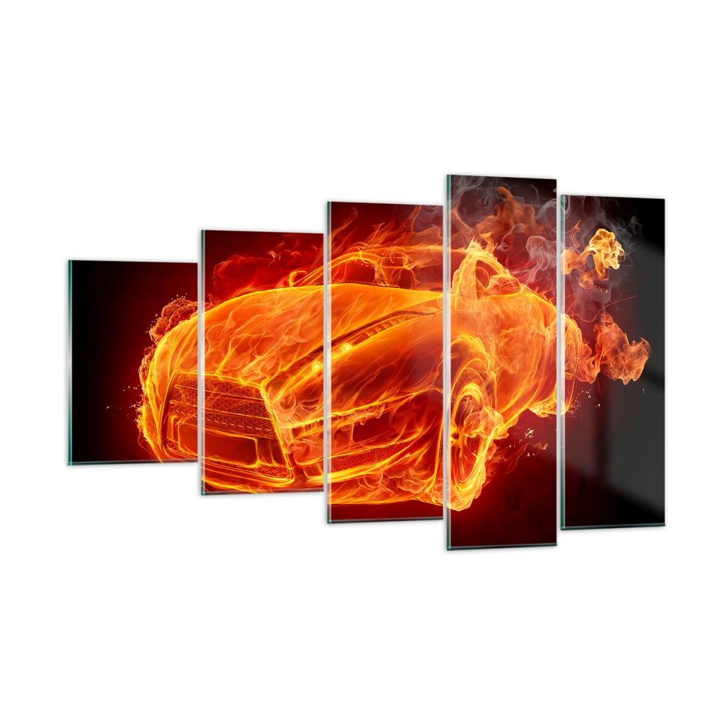 Bilder auf glas - Auto Flammen Räder - 100x60cm - Glasbilder - Wandbilder - Kunstdruck - zum Aufhängen bereit - Wanddekoration aus Glas - Glas Bi...