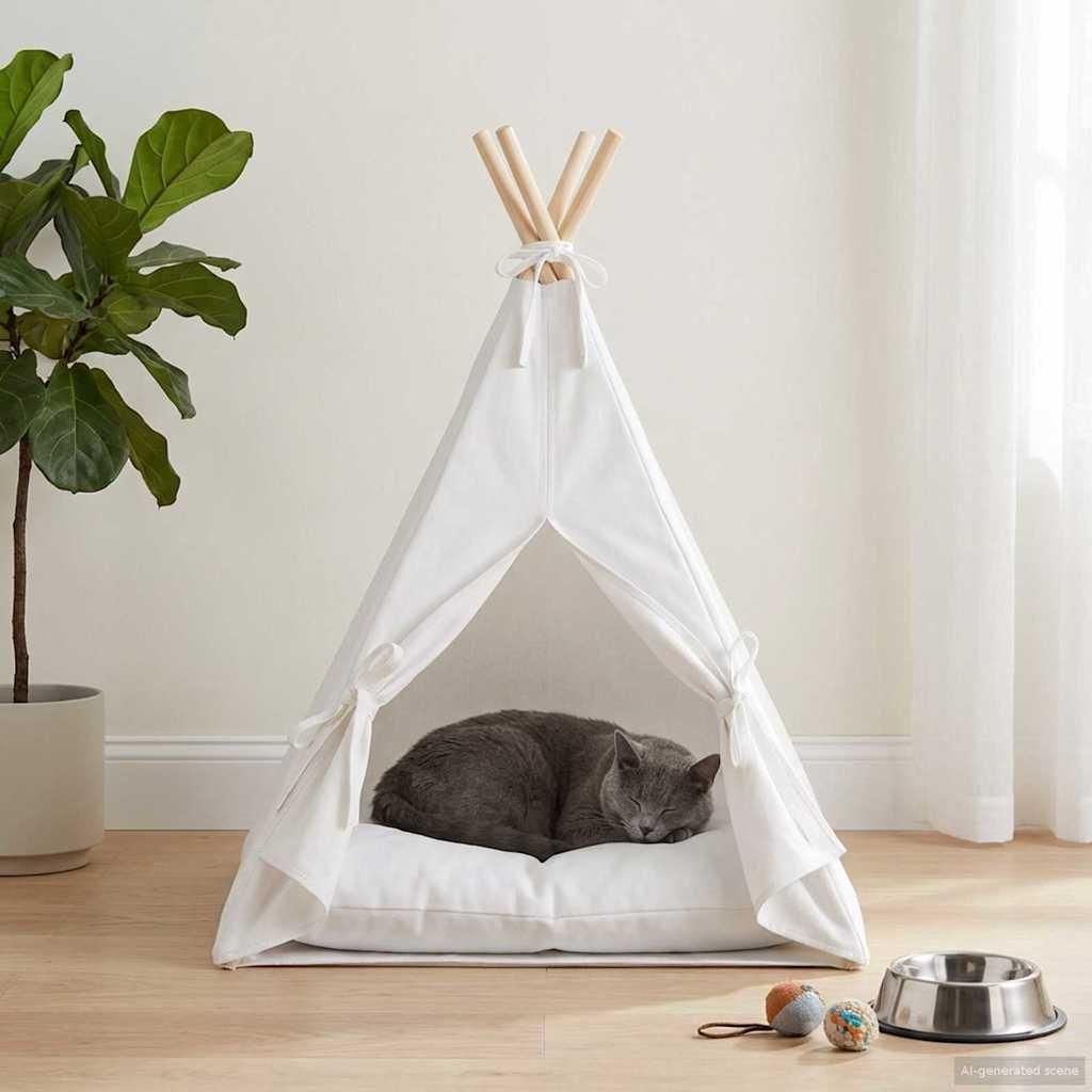 Haustier-Tipi mit Kissen Weiß 40 x 40 x 50 cm Polyester - Katzenhöhlen DE821