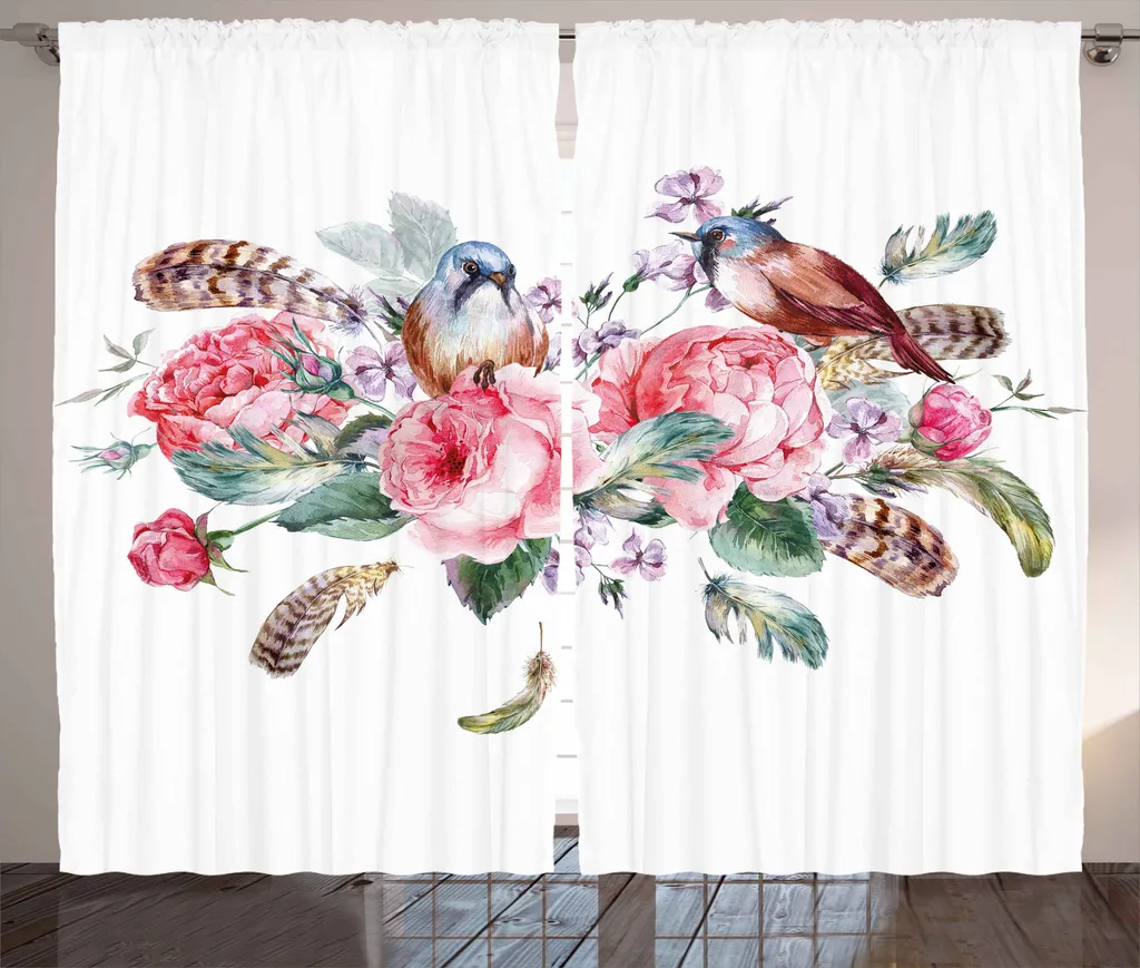 Rideaux de Salon Universels à Fleurs Roses et Oiseaux 280 x 225 cm
