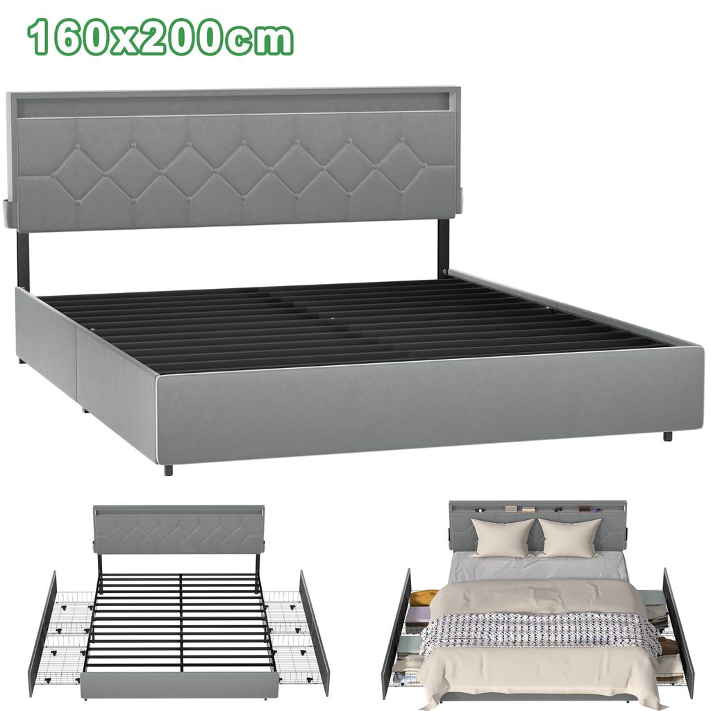 JOIEYOU Modernes Polsterbett mit 4 Schubladen & Kopfteil, Bettgestell 160x200 cm, Stauraumbett Schlafzimmer, Bett mit Stauraum Hellgrau