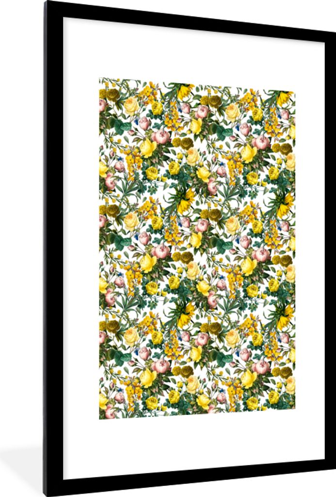 MuchoWow MuchoWow Gerahmtes Poster Pfingstrose - Gelb - Muster 60x90 cm - Poster mit zchwarzem Bilderrahmen - Dekoration - Wandposter Wohnzimme...