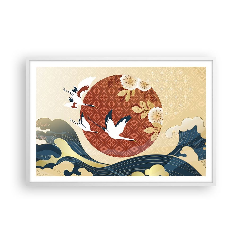 Gerahmtes Poster - Weißer Rahmen - Reiher Sonne Meer - 91,5x61 cm - Wand Bild - Wanddeko - Wandbilder - Kunstposter - Wandposter - Bilderrahmen - ...