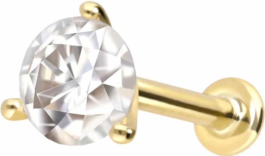 Ohrpiercing, Nasenpiercing 14 Karat Gold Labret mit Innengewinde MOISSANIT Gold Stablänge: 6mm | Stabstärke: 1mm | Kristallgröße: 4mm