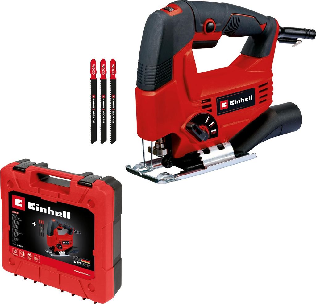 A red and black Einhell jigsaw with three saw blades and a red carrying case, presented on a white background.