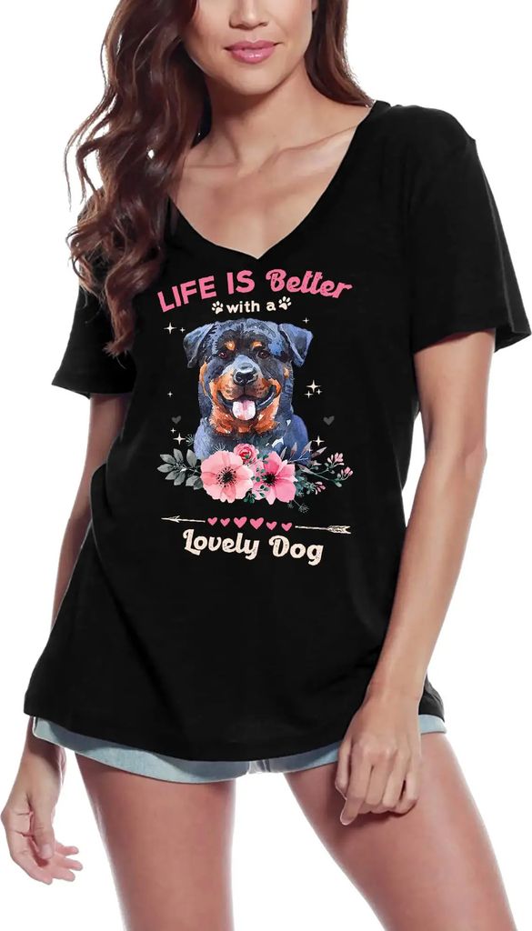 Damen Grafik T-Shirt V-Ausschnitt Rottweiler Ornament Leben ist besser mit einem schönen Hund – Rottweiler Ornament Life Is Better With A Lovely...