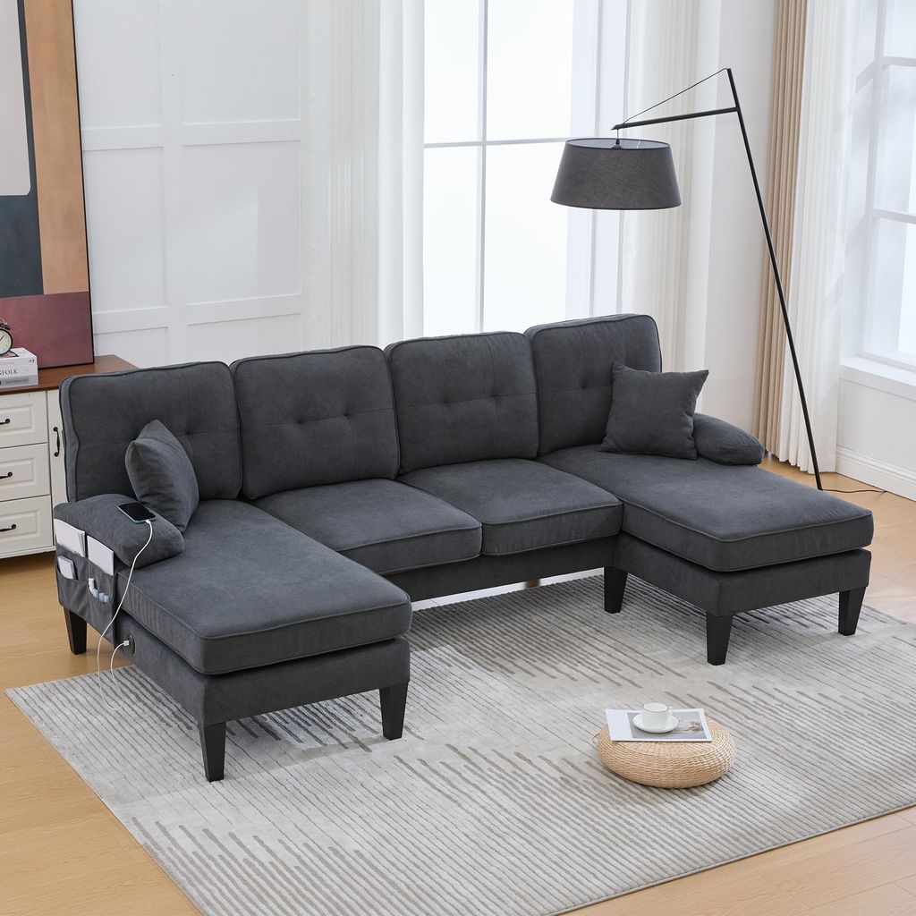 okwish U-förmiges 4-Sitzer Sofa Chaiselongue mit zwei Chaise-Lounges,Loungesofa mit Rückenlehne und stabile Sofabeine aus Leinenstoff,Dunkelgrau