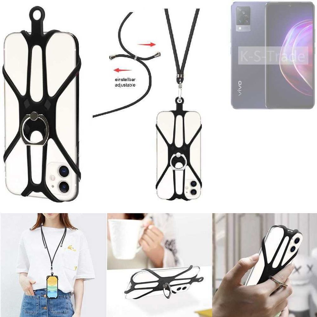 K-S-Trade 3in1 Handykette Handyband Handykordel Halsband Smartphone-Ring Handy-Ring kompatibel mit Vivo V21 5G Fingerhalterung Handyring Tischständer