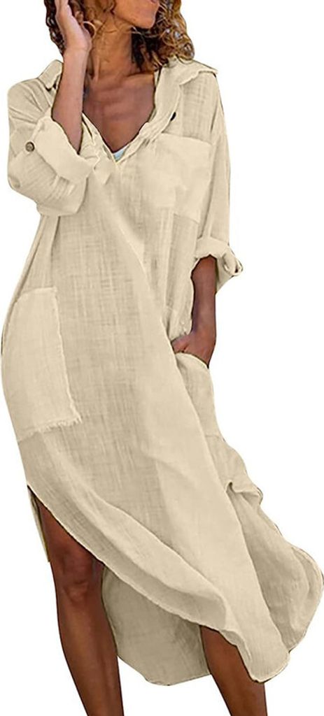 ASKSA Damen Elegant Kleider Einfarbig Lang Hemdkleid Midi Tunika Sommerkleider mit Taschen, Khaki, S