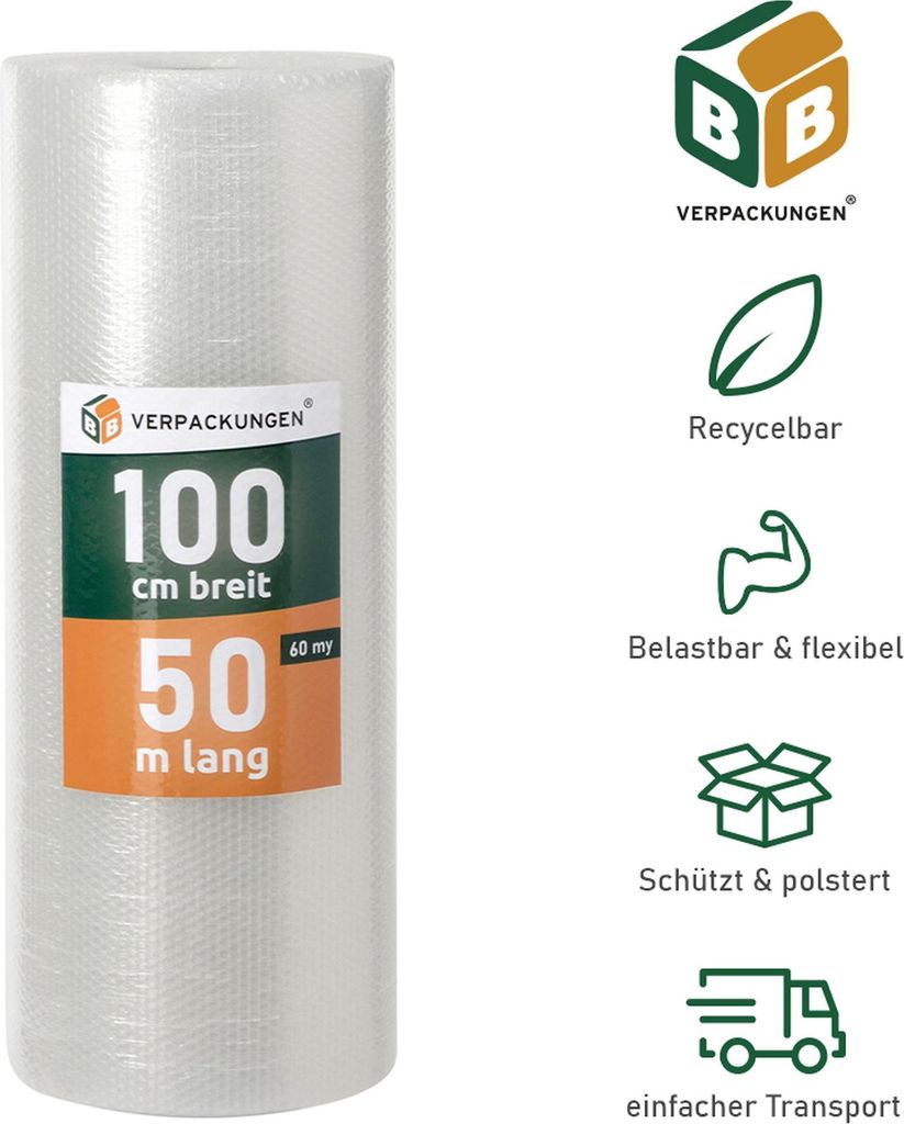 1 x Luftpolsterfolie (1,0 x 50 m) 2-lagig 60 my Schutzfolie Noppen Versandfolie Polster Verpacken Knallfolie Transport BB-Verpackungen
