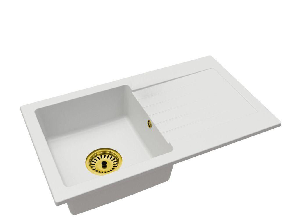 Granitspüle Einbeckenspüle mit Abtropffläche Leon – Weiß – Goldener Siphon