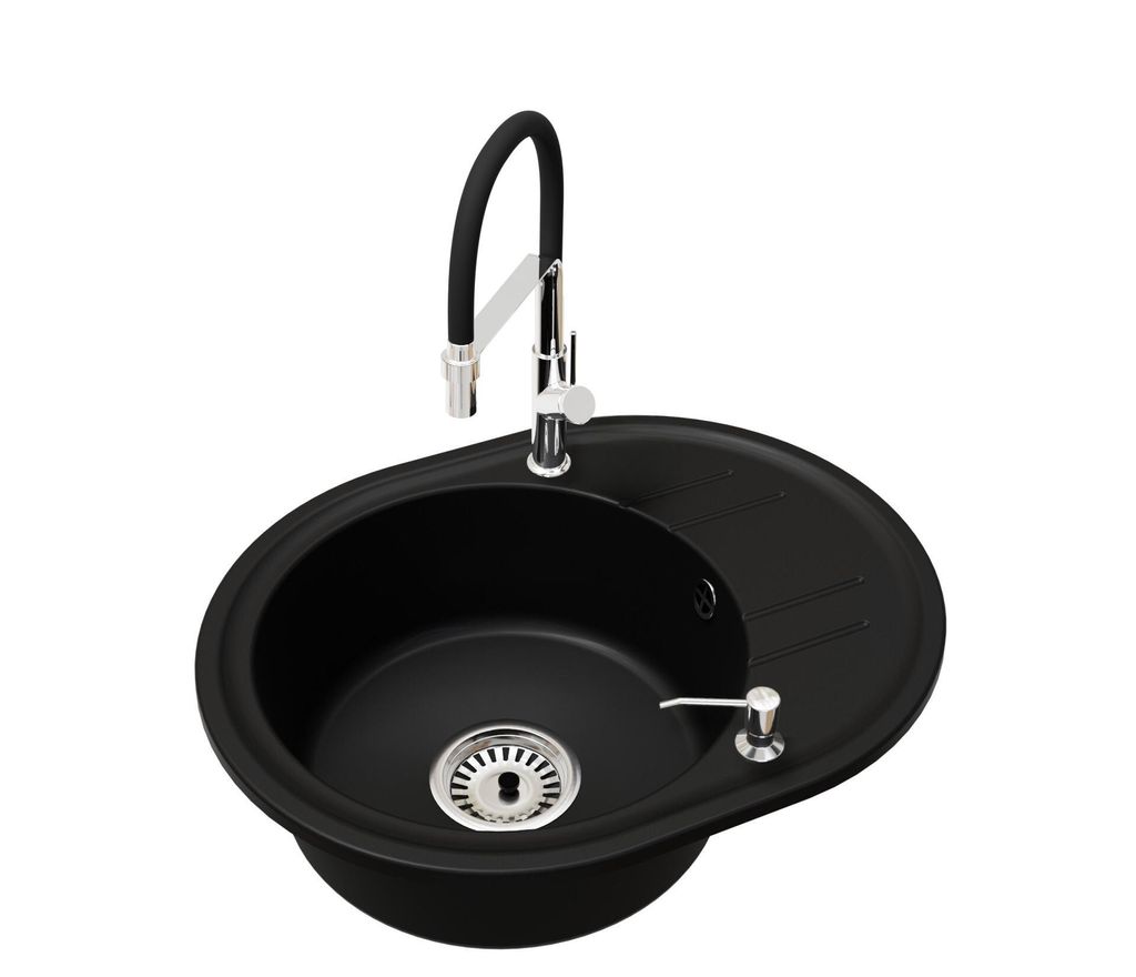 Granitspüle Küche Einbauspüle 1 Becken mit Abtropffläche BELLA inkl. Küchenarmatur VENICE Chrom, Seifenspender und Siphon