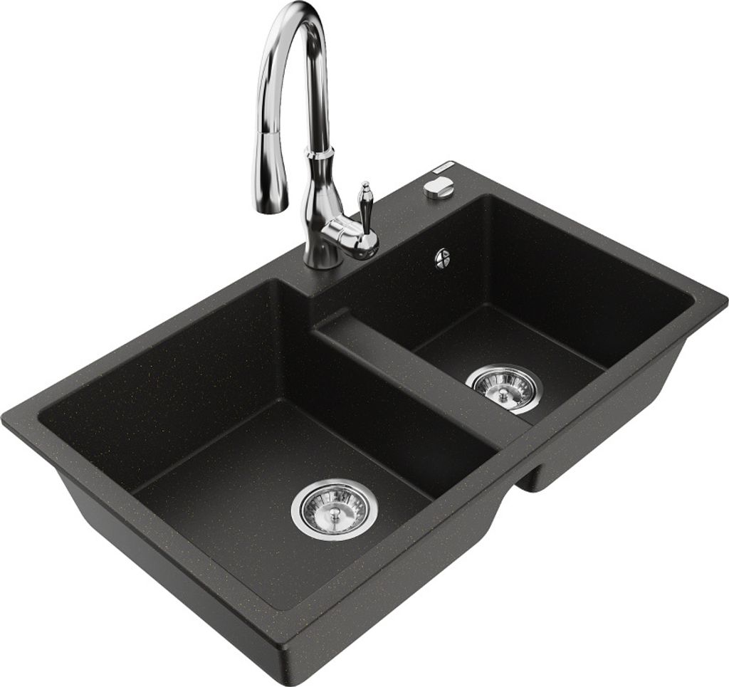 Mexen Tomas 2-Becken-Granitspüle mit Mischbatterie Savita, Schwarz/Gold metallisch - 6516-75-672601-00