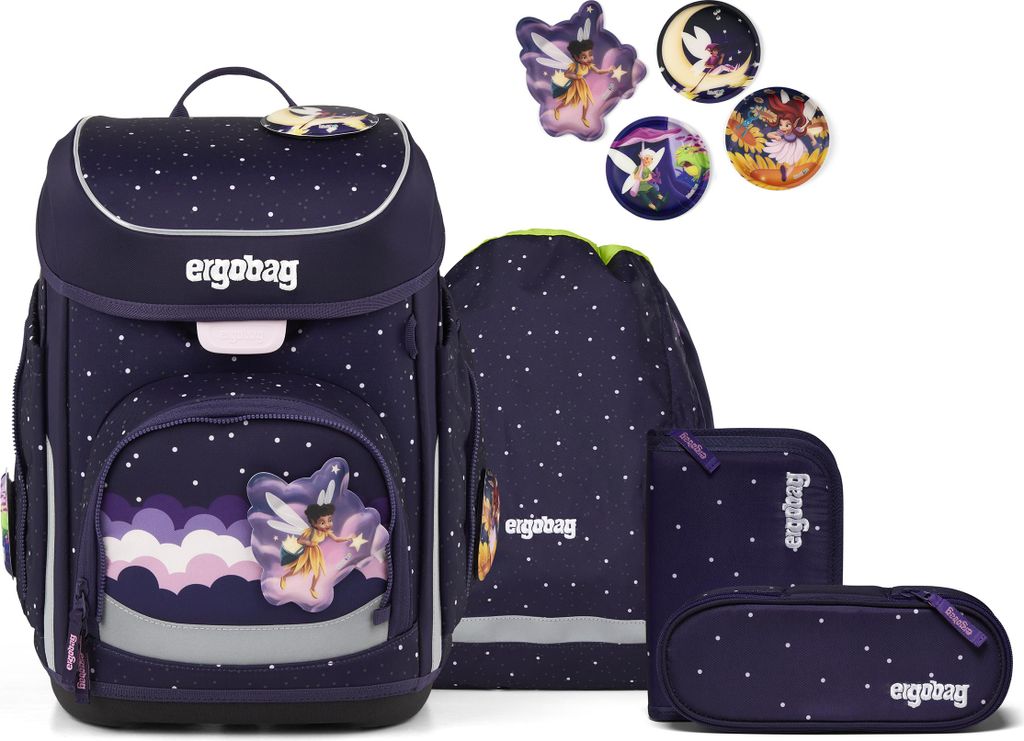 A set of school bags and accessories with a fairy theme.