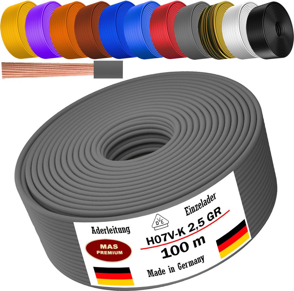 100m Aderleitung H07 V-K GR 1x2,5 mm² Grau Einzelader flexibel