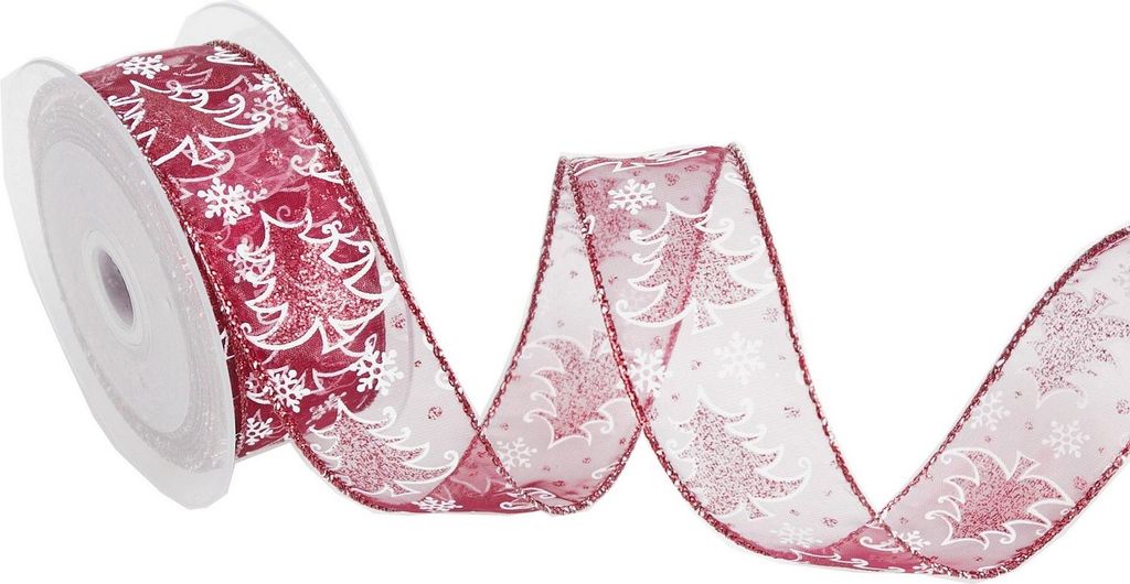 Organzaband mit Glitzer-Tannenbäumen - 40mm - 10m - Bordeaux/Weiß - 93110-40-10-38